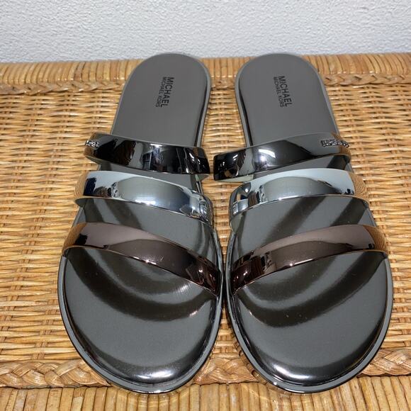 Michael Kors 9 Keiko Slide Metallic Gunmetal Silver Rose Gold Slides Sandals NEW - Picture 1 of 9